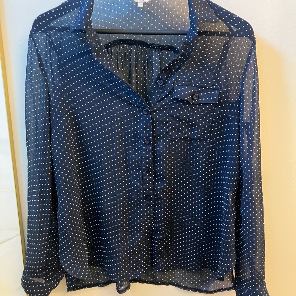 Navy Blue Polka Dot Sheer Blouse
